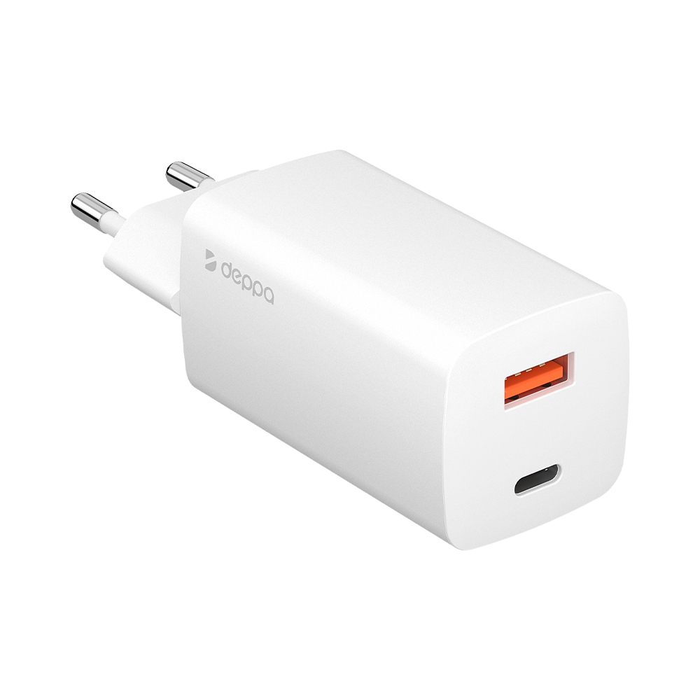 Сетевое зарядное устройство Deppa Wall Charger GaN USB A + USB-C, PD 3.0, QC 3.0, 65W, GaN, белый